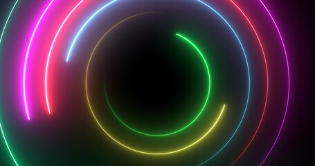Neon circles moving rotating seamless loop. Hi technology abstract nightclub connection retro style bg. Futuristic creative shiny neon glowing dance stage club backdrop. VJ loop stream starting.