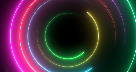 Neon circles moving rotating seamless loop. Hi technology abstract nightclub connection retro style bg. Futuristic creative shiny neon glowing dance stage club backdrop. VJ loop stream starting.