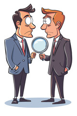 Businessmen Analyzing Each Other with Magnifying Glass, Questioning Trust and Transparency