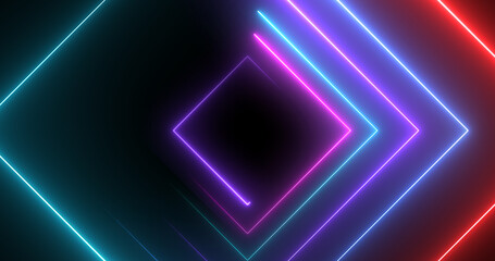 Neon disco light square shape luminous laser-like geometric bg. Round-turning radio magician show nightlife club loop. Glitter glowing illuminated fantasy. Cyber endless tunnel 3d stage.