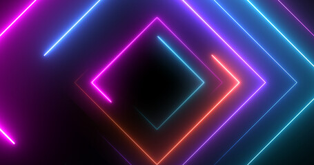 Neon disco light square shape luminous laser-like geometric bg. Round-turning radio magician show nightlife club loop. Glitter glowing illuminated fantasy. Cyber endless tunnel 3d stage.