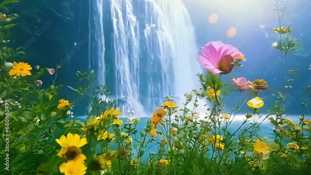 Poster a peaceful and tranquil scene of a gentle waterfall cascading into a tranquil pool surrounded by blo