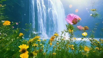 A peaceful and tranquil scene of a gentle waterfall cascading into a tranquil pool surrounded by blooming flowers.