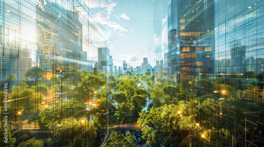 Wall mural augmented reality interface displaying virtual tours of sustainable architecture in urban settings