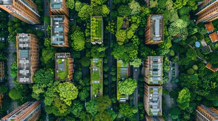 Aerial view of a city with smart irrigation systems and green infrastructure initiatives
