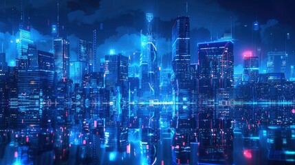 Obraz premium Futuristic city skyline with digital twins of buildings for real-time maintenance monitoring