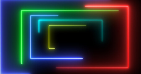 Neon rectangles geometric loop stream starting animation. Dynamic event project and meeting celebration neon glow seamless loop. Beautiful elegant tunnel-like laser light moving corridor 3d bg.