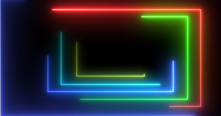 Neon rectangles geometric loop stream starting animation. Dynamic event project and meeting celebration neon glow seamless loop. Beautiful elegant tunnel-like laser light moving corridor 3d bg.