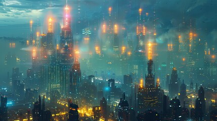 Fototapeta premium Futuristic city skyline with digital twins of buildings for real-time maintenance monitoring