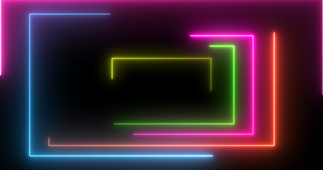 Neon rectangles geometric loop stream starting animation. Dynamic event project and meeting celebration neon glow seamless loop. Beautiful elegant tunnel-like laser light moving corridor 3d bg.