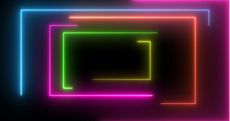 Neon rectangles geometric loop stream starting animation. Dynamic event project and meeting celebration neon glow seamless loop. Beautiful elegant tunnel-like laser light moving corridor 3d bg.