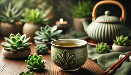 Fototapeta premium Healthy cup of steaming green tea with matching teapot sitting on wood table surrounded by succulents.
