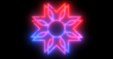 Simple neon glowing flower-like ornamental pattern tile 4K. Surreal spring time jungle music stage background. Disco night club nightlife colored glossy growth showing. Elegant bg