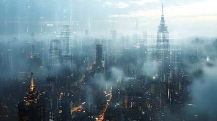 City skyline with digital overlays indicating real-time weather forecasts and climate data