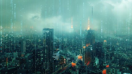 City skyline with digital overlays indicating real-time weather forecasts and climate data