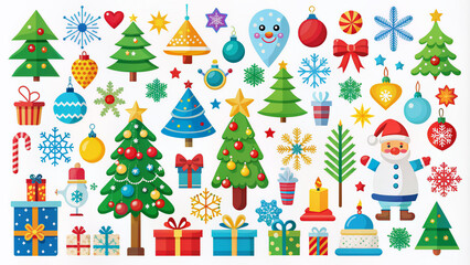 Vibrant collection of colorful Christmas icons in flat style featuring trees, ornaments, bells, snowflakes, gifts, and more festive elements for holiday designs.