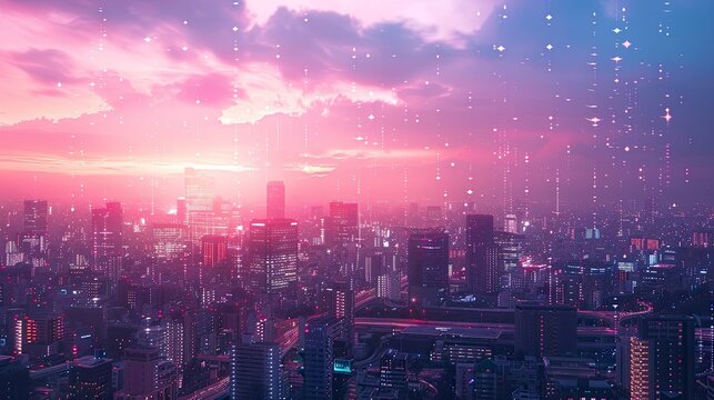 City skyline with digital overlays indicating real-time weather forecasts and climate data