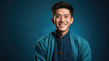 generated illustration happy Asian man smiling with traditional clothing  on color background.