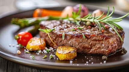 Succulent Steak with Roasted Vegetables in Upscale Restaurant Setting