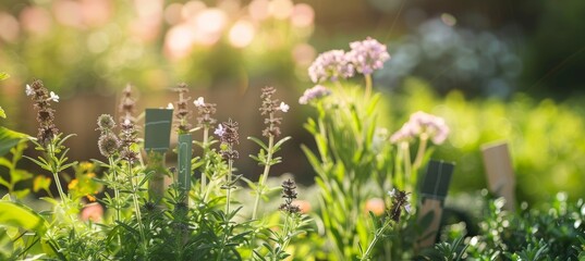 Close-Up of Various Allergy-Causing Plants with Labels in a Garden Setting for Educational Use