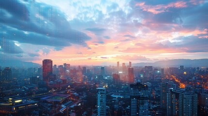 Fototapeta premium Cityscape with digital overlays illustrating urban resilience strategies against natural disasters