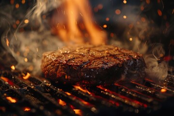 Fototapeta premium Juicy Steak Sizzling on Charcoal Grill with Flames and Smoke - Perfect for BBQ Design and Posters