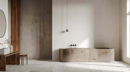 Modern bathroom with marble fixtures light brown wood paneling and an empty white wall on the left light background mockup concept.