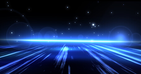 Fototapeta premium Futuristic particle falling space speed ramp starting engine. Space jump light beam particle blast moving forward flying constellation shiny wavy heaven like galaxy exploration mission.