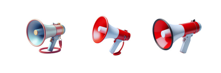 Set of three megaphone, isolated over on transparent white background