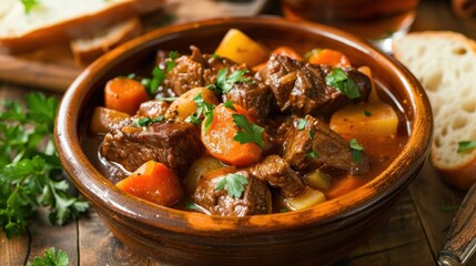 Hearty Beef Stew with Tender Meat, Potatoes, Carrots, and Fresh Parsley, served with Crusty Bread