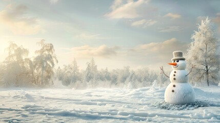 Obraz premium a snowman standing in the middle of a field of snow with a setting sun in the background