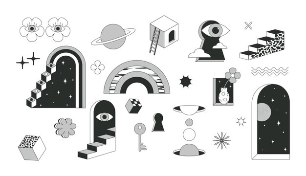 Surrealism elements psychedelic modern. Surreal geometric abstract shapes. Arch, staircase. Vector shapes in trippy monochrome style. Window, vase with flower. Set illustrations on white background.