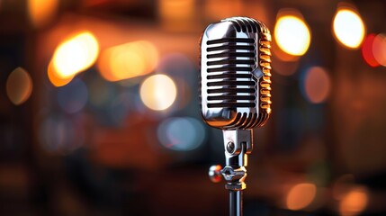 Vintage microphone on a stand against a background of blurred lights.