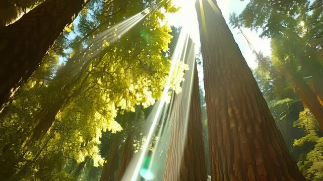 Rays of golden sunlight shine through a small gap in the redwood canopy illuminating the forest floor.