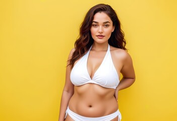 Obraz premium Confident Curvy Woman in White Bikini Against Yellow Background. Generative AI.