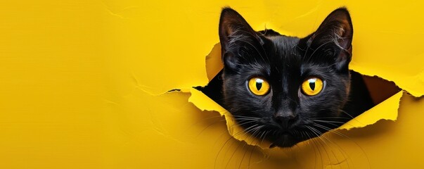 A black cat is peeking out from a hole in a yellow wall. Free copy space for banner.