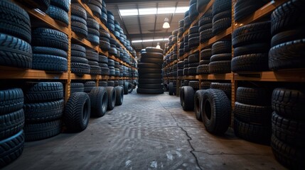 Naklejka premium Stacks of automobile tires tower within the factory's ample storage zone awaiting their deployment.