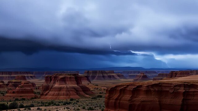 Footage of a storm rolling in over the badlands dark clouds and lightning illuminating the already eerie landscape.
