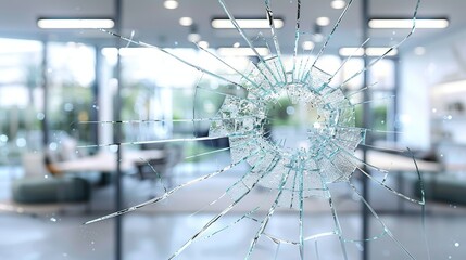 Modern office interior featuring panoramic views through cracked glass symbolizing workplace security and safety in a contemporary design.