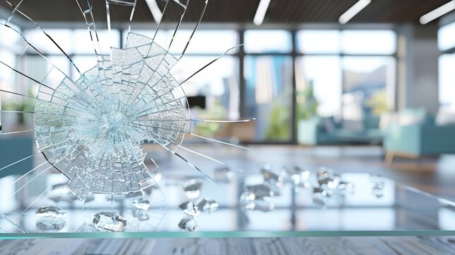 In a modern office shattered glass against a blurred background illustrates security and workplace safety while embracing a panoramic design aesthetic.