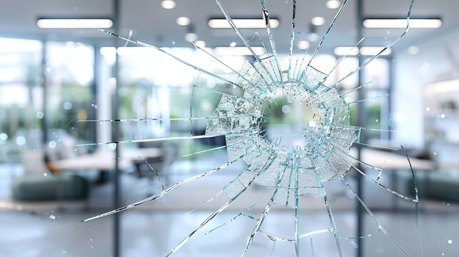 Modern office interior featuring panoramic views through cracked glass symbolizing workplace security and safety in a contemporary design.