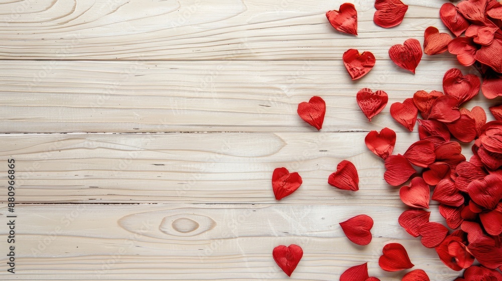 Poster red heart shapes on a light wood backdrop ready for text overhead view high resolution image
