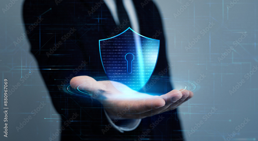 Poster businessman protecting personal data information.cyber security protection concept.protecting hersel