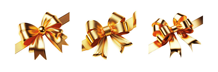 Set of Gold bow and ribbon, isolated over on transparent white background