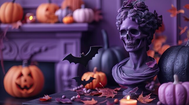 halloween banner,skull pumpkins bats maple leaves on purple background