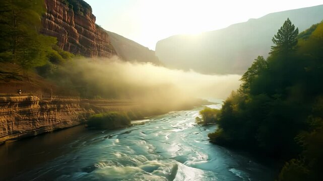 Peaceful footage of a canyon river at sunrise with mist rising off of the water and the tranquil sounds of nature filling the air.