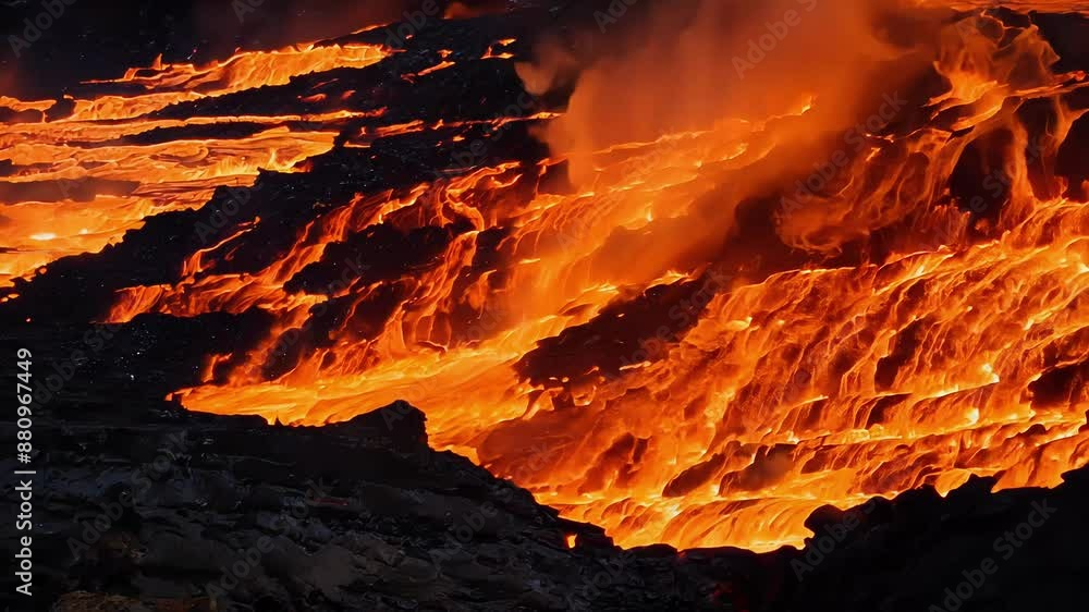 Poster extreme closeup of molten lava flowing and cascading over a rock face creating a mesmerizing and dan