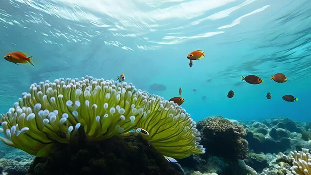 Delicate anemones sway gently with the ebb and flow of the tides their vibrant hues providing a striking contrast to the rocky landscape.