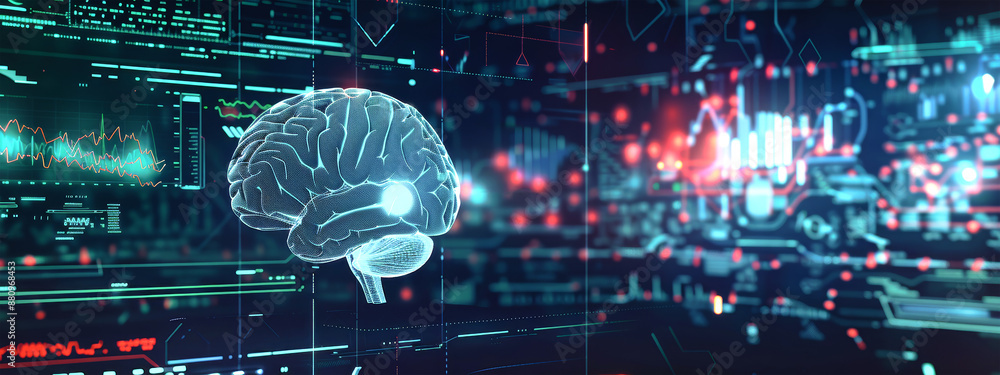 Poster a 3d rendered brain with holographic graphs and charts, representing advanced data analysis in medic