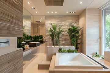 Fototapeta premium Luxurious Modern Bathroom with Infrared Heater, Spa Bathtub, and Indoor Plants